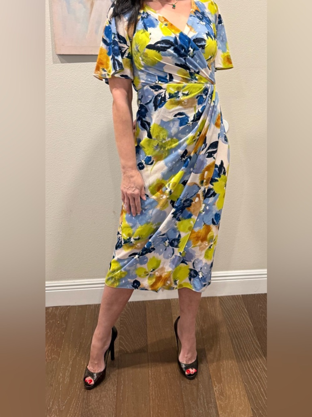 Maggy London Blue, Yellow & White Floral Wrap Midi Skirt Fully Lined Back Zip